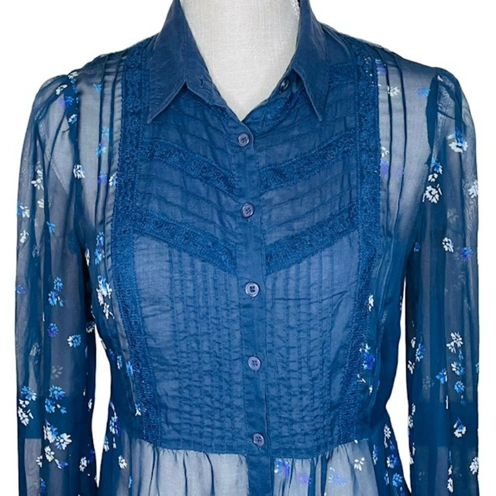 FREE PEOPLE Sheer Floral Pleating and Lace Detail Blouse - Size XS - Picture 2 of 8
